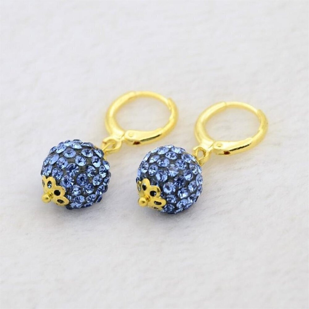 Elegant Light Sapphire Austrian Crystal Ball Dangle Blue and Gold Earrings